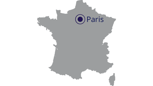 Landkaart van Frankrijk in grijs met hoofdstad Parijs aangegeven in Frans Paris in donkerblauw - op transparante achtergrond - 600 x 529 pixels
